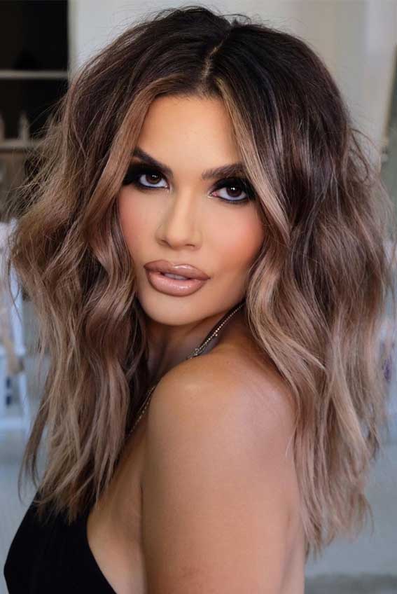 No Bangs Dark Brown With Caramel Balayage — Winter Hair Colors for Brown Eyes