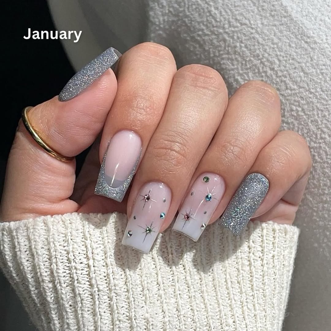 Medium Square Glitter French Rhinestones Medium Square Glitter French Rhinestones β Winter Rhinestone Nails