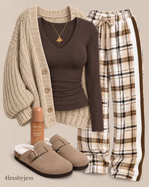Loungewear Luxe: Chunky Knit Cardigan with Plaid Pants Loungewear Luxe: Chunky Knit Cardigan with Plaid Pants β Comfy Winter Outfits