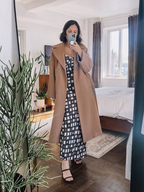 Camel Coat Layered Over Geometric Print Midi Dress — Camel Coat Outfits