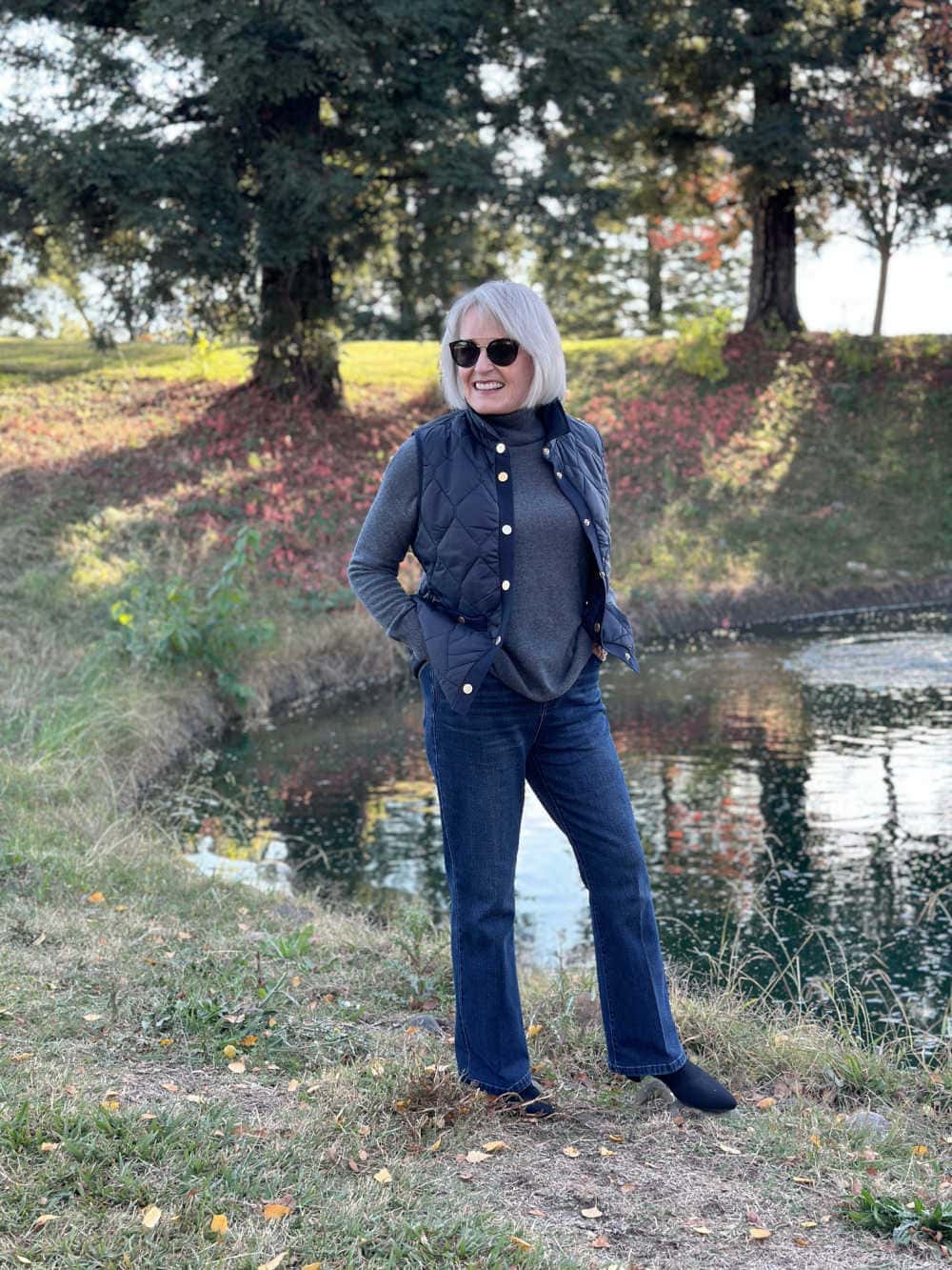 Navy Quilted Vest Over Grey Turtleneck Navy Quilted Vest Over Grey Turtleneck β Winter Outfits for Women Over 70