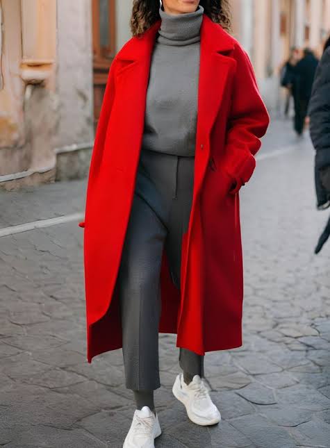 Vibrant Red Wool Coat with Grey Straight-Leg Trousers — Italy Winter Outfits