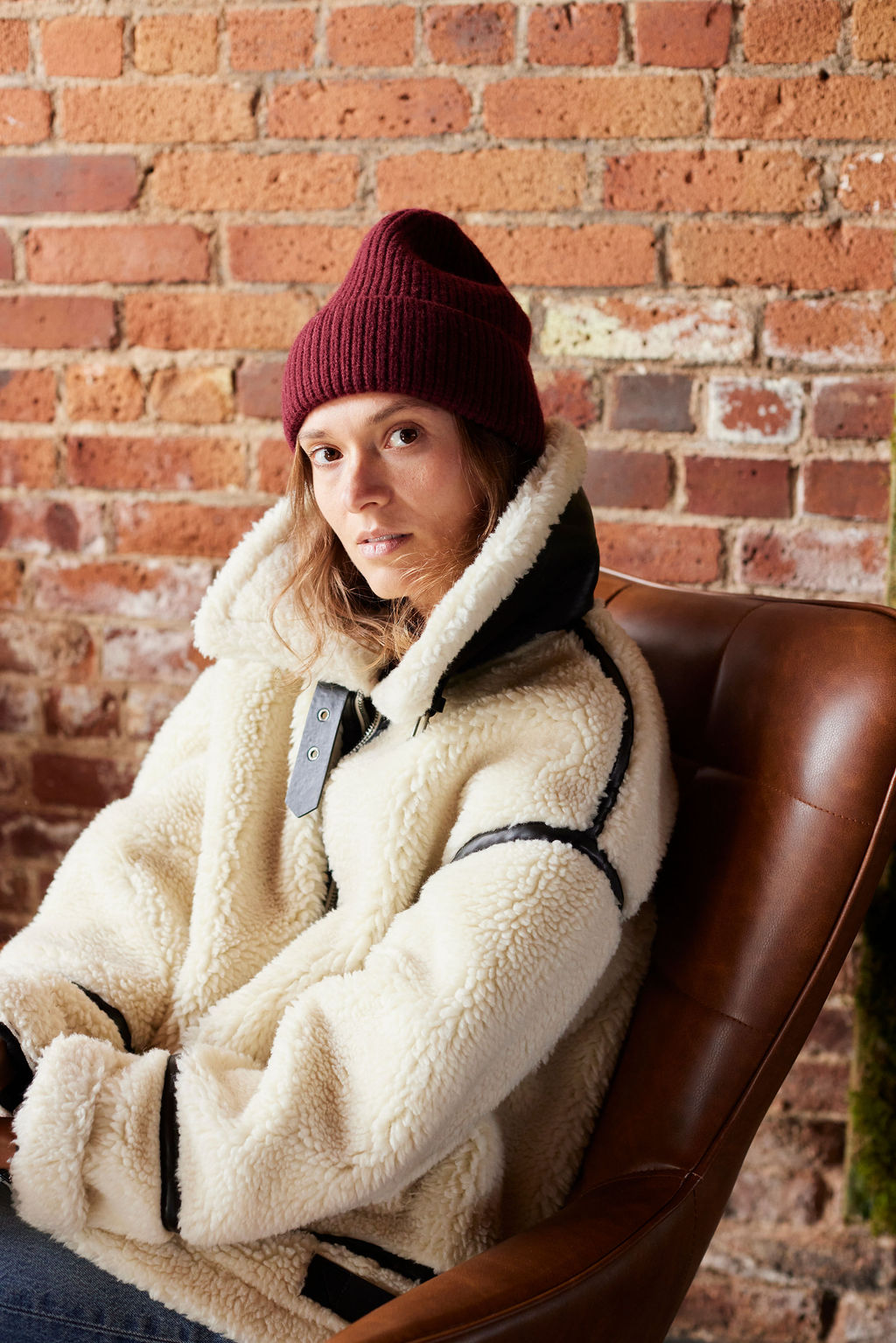 Cream Shearling Jacket with Burgundy Beanie — Fur Hat Outfits