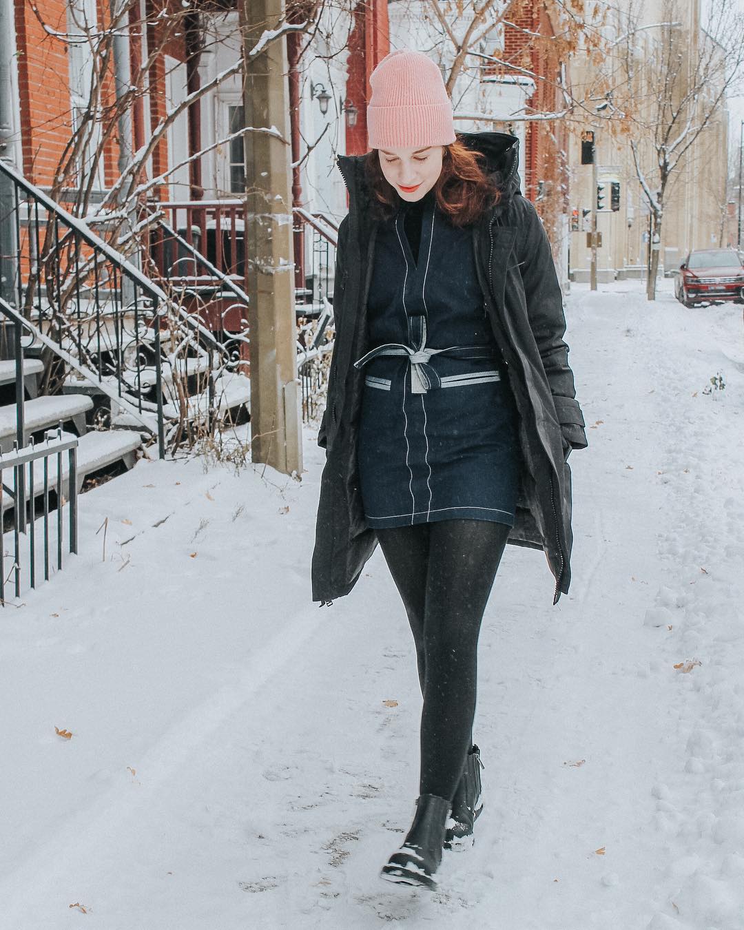 Puffer Coat and Denim Dress for a Cozy Winter Travel Look — Winter Travel Outfits