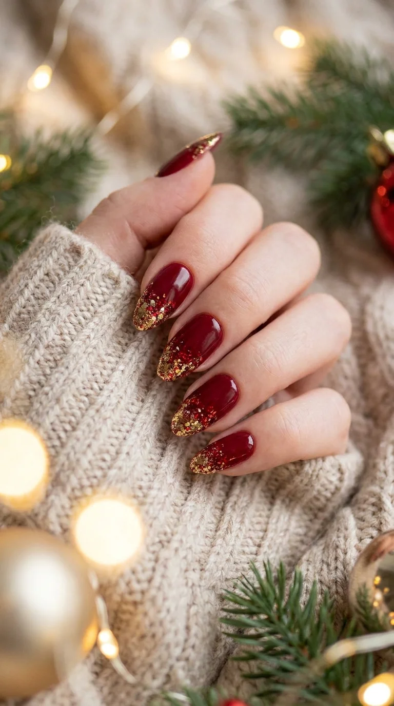 Deep Red with Dramatic Gold Glitter Cuticle Deep Red with Dramatic Gold Glitter Cuticle β Red and Gold Christmas Nails 2026