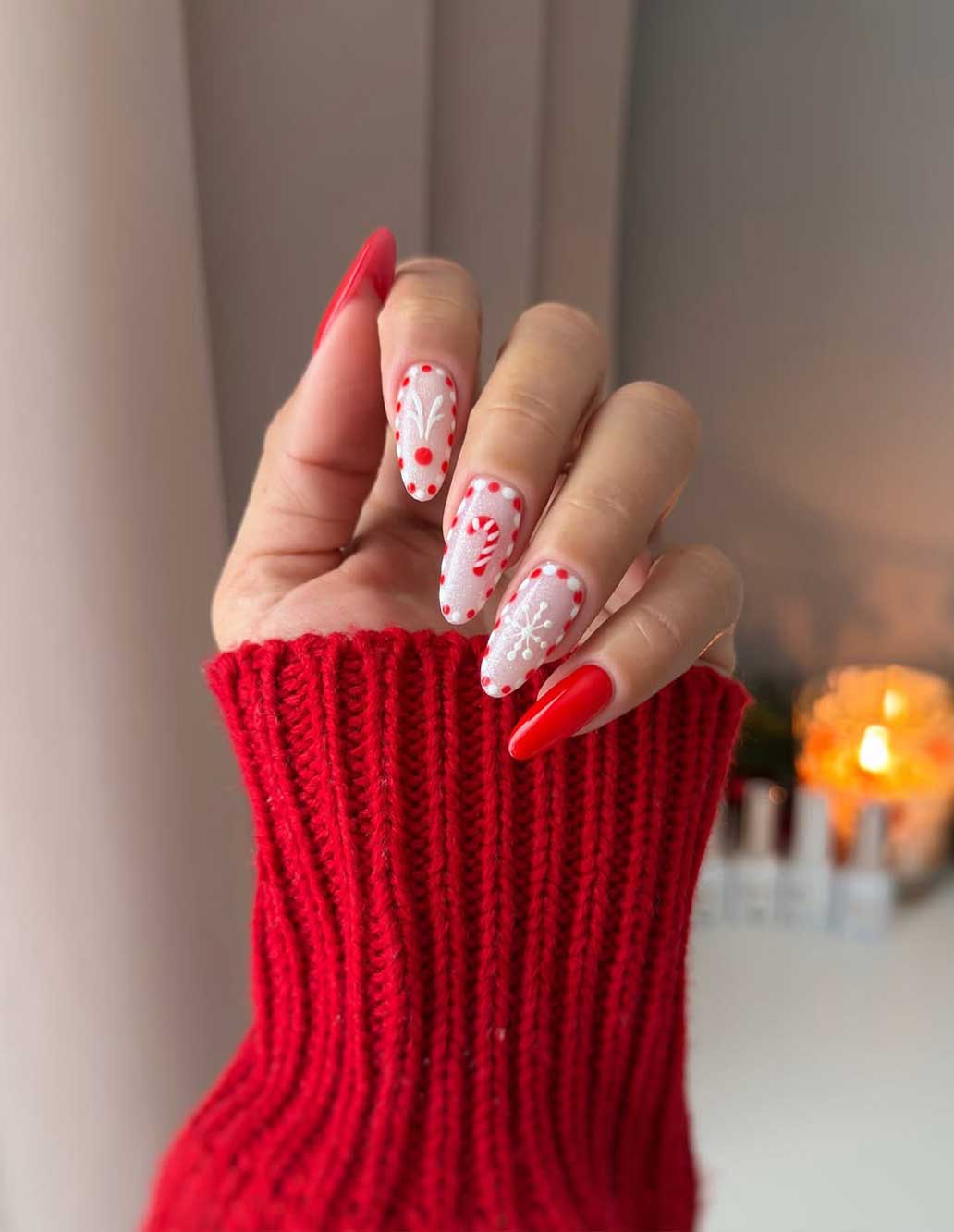 Bold Red with White Festive Patterns Bold Red with White Festive Patterns β Christmas Nail Colors 2026