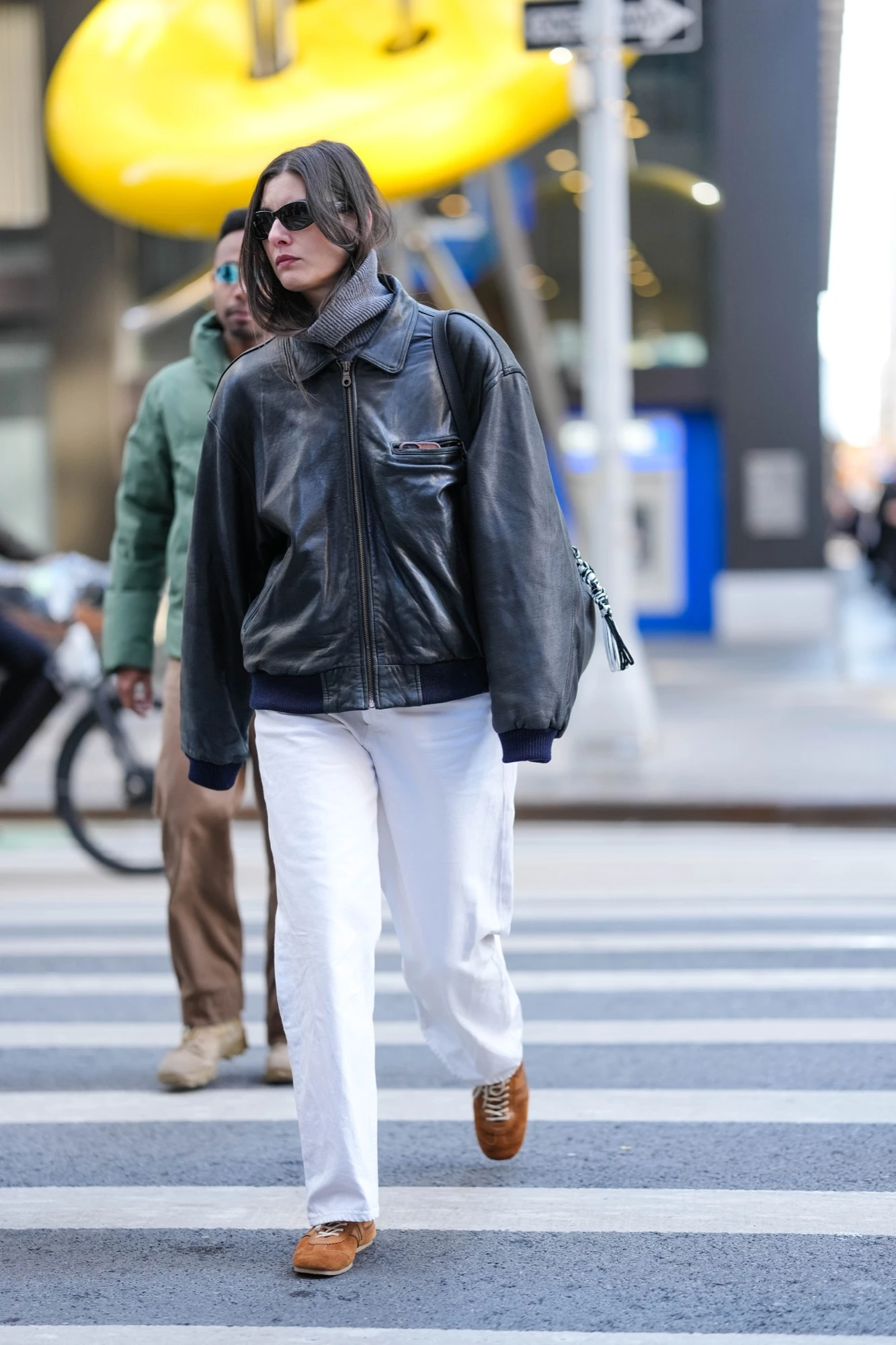 Oversized Leather Bomber Jacket with Wide-Leg Pants and Brown Sneakers — Winter Outfits with Sneakers