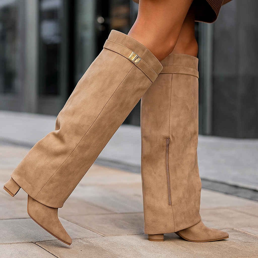 Relaxed Tan Suede Boots with Knit Top — Knee High Boots Outfits