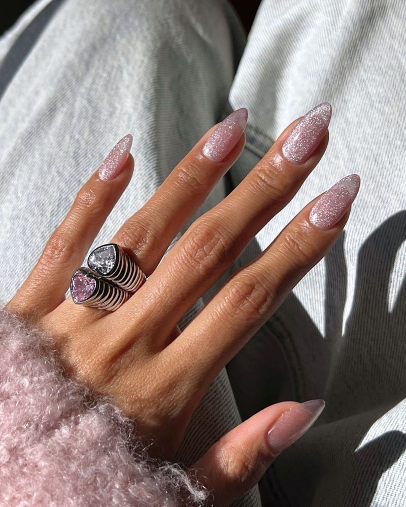 Pale Pink With Fine Silver Glitter Visual Idea — Winter Gel Nail Colors