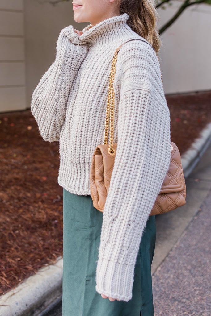 Cream Chunky Knit Turtleneck with Green Satin Midi Skirt Cream Chunky Knit Turtleneck with Green Satin Midi Skirt β Turtleneck Outfits