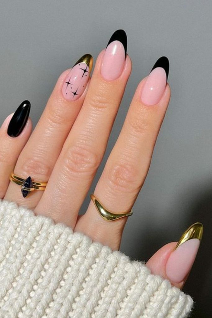 Modern French Tips with Gold and Stars Modern French Tips with Gold and Stars β Classy New Years Nails 2027
