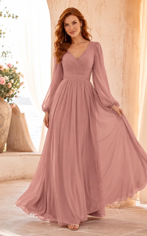 Dusty Rose Chiffon Maxi with Balloon Sleeves — Winter Formal Dresses
