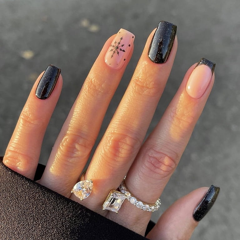 Black Glitter & Snowflake French Black Glitter & Snowflake French β Short Christmas Square Nails 2026