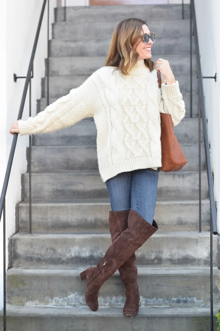Cream Cable Knit Sweater and Blue Jeans with Dark Brown Over-the-Knee Boots — Over the Knee Boots Outfits