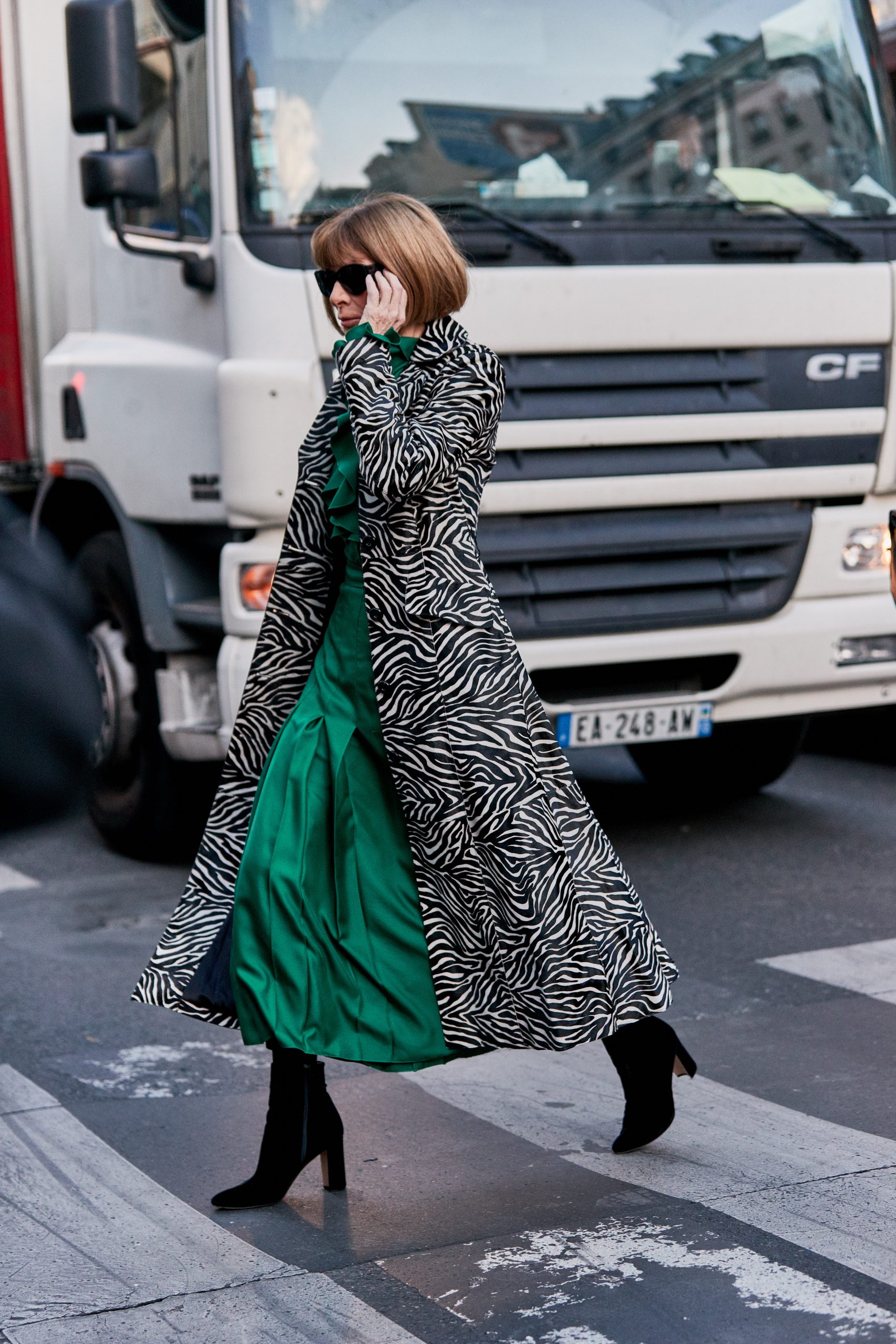 Bold Statement: Zebra Coat, Green Dress, and Black Pointed Boots Bold Statement: Zebra Coat, Green Dress, and Black Pointed Boots β Ankle Boots Outfits