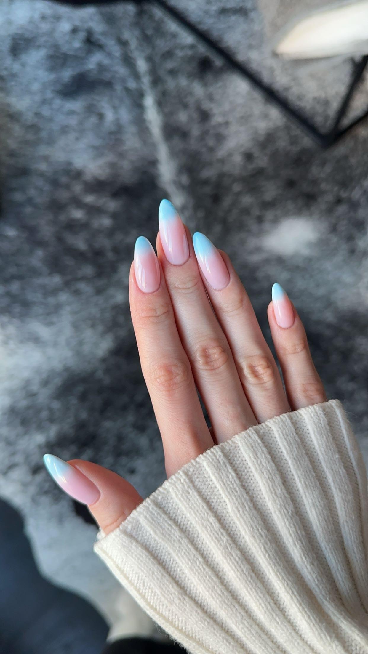 Pink Nude to Icy Blue Ombre Almond Nails Pink Nude to Icy Blue Ombre Almond Nails β Icy Blue Nails