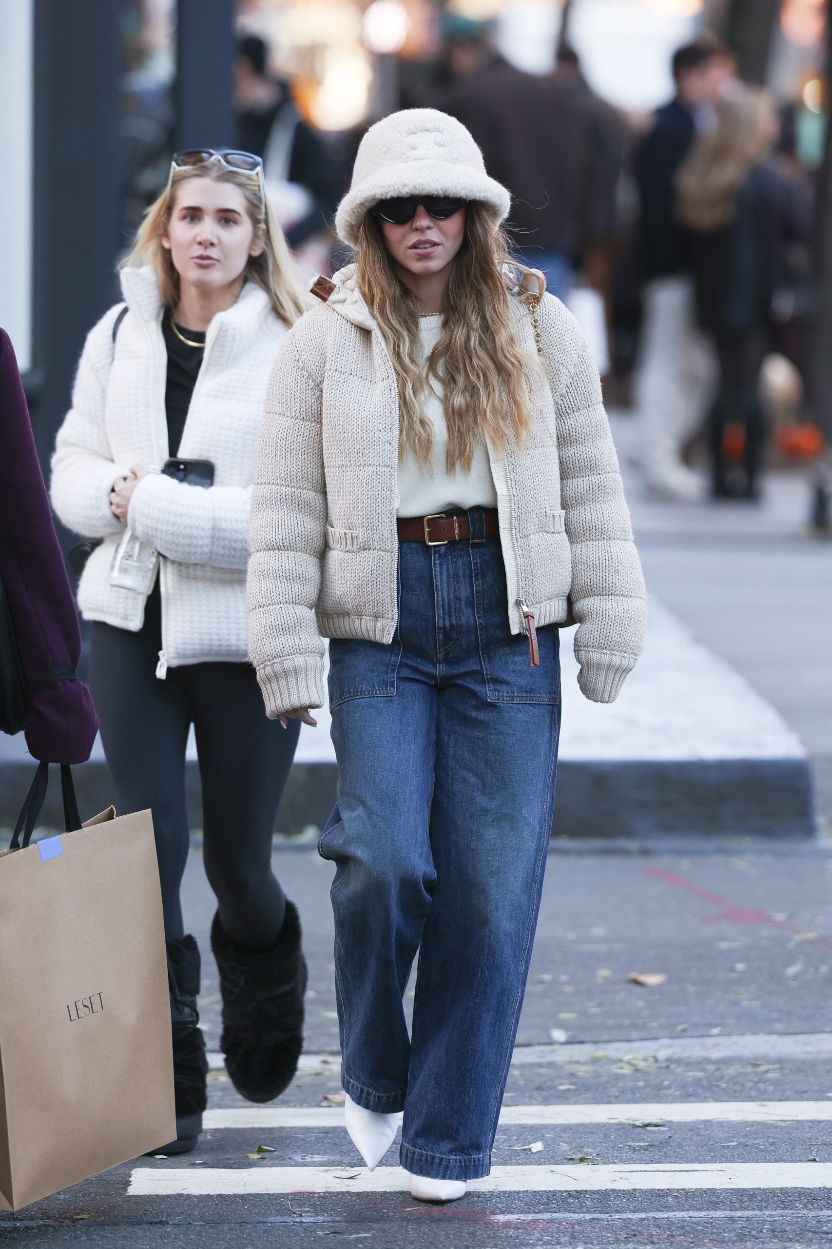 Monochromatic Comfort: Cream Knit Set with Blue Jeans — Winter Outfits with Wide Leg Jeans