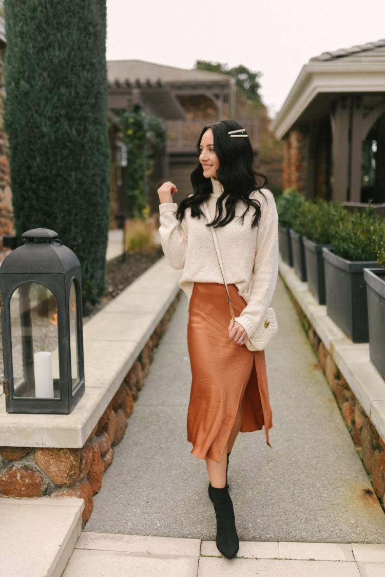 Elegant Cream Sweater with Burnt Orange Satin Skirt — January Outfits