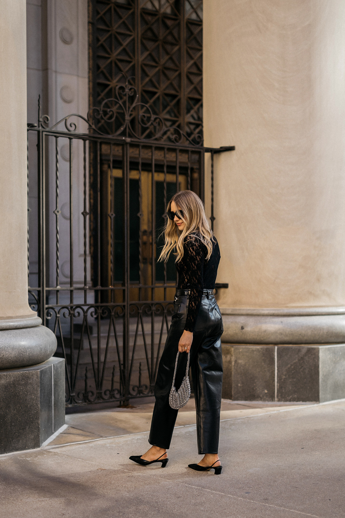 Black Lace Bodysuit with Leather Pants for Evening Glamour Winter Date Night Outfits
