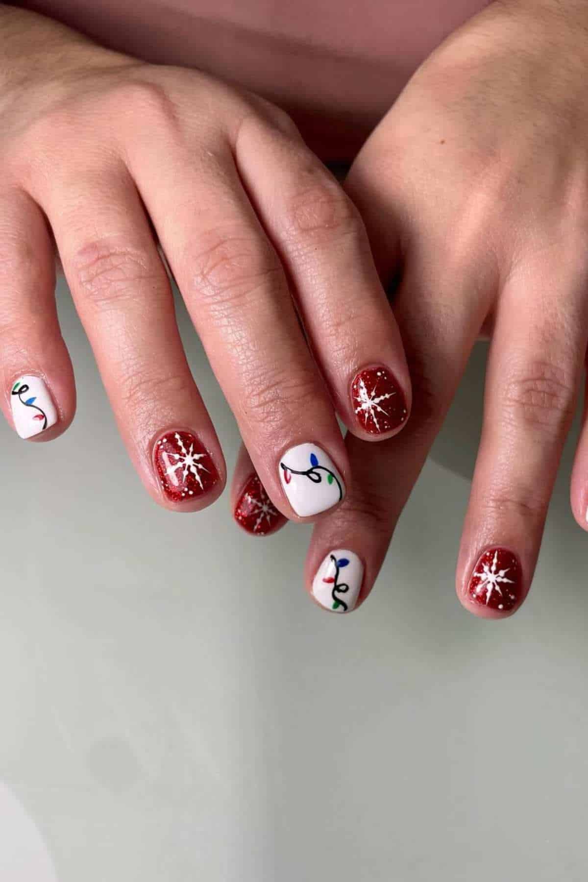 Red Snowflake String Lights Nails Red Snowflake String Lights Nails β Easy Christmas Nails 2026