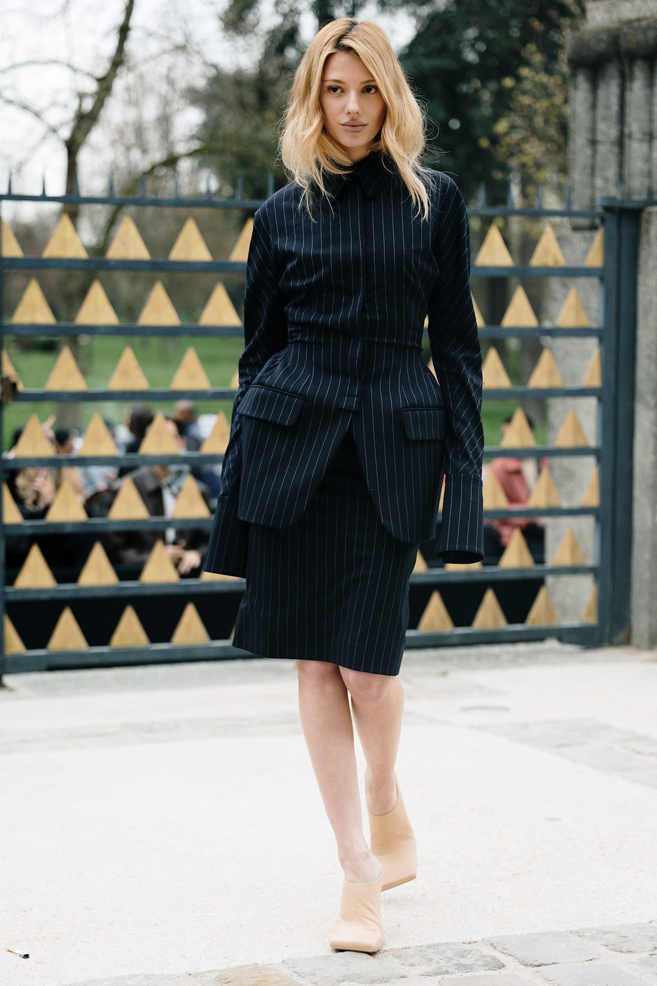 Pinstripe Suit with Pencil Skirt and Nude Mules Pinstripe Suit with Pencil Skirt and Nude Mules β Winter Business Casual Outfits