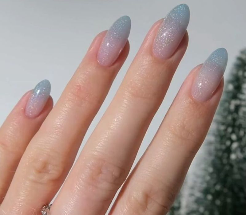 Pink Icy Blue Glitter Gradient Oval — Winter Acrylic Nails