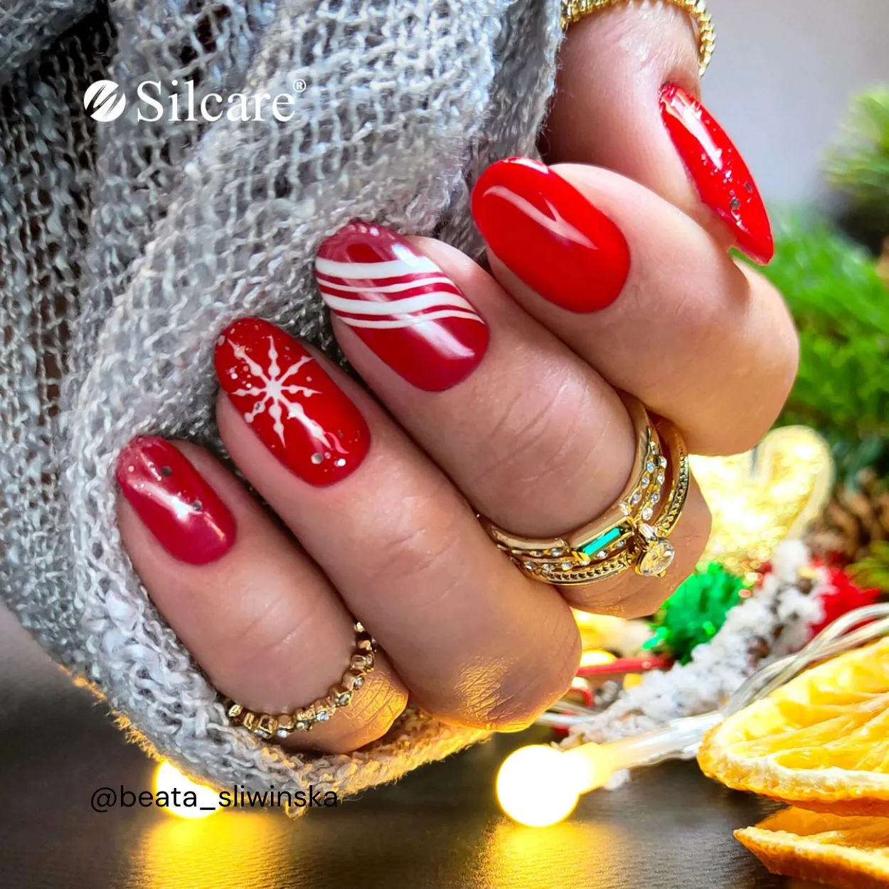 Glossy Glitter Bright Red with Snowflake & Stripes Glossy Glitter Bright Red with Snowflake & Stripes β Cherry Red Christmas Nails 2026