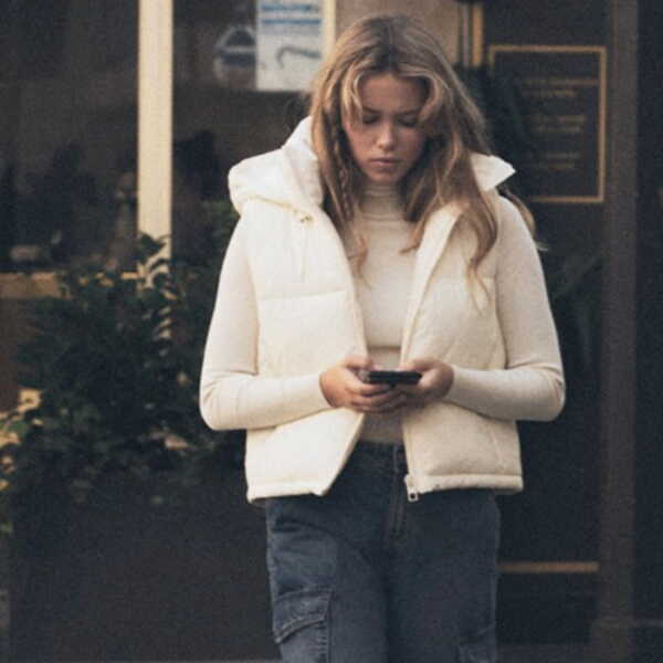 Cream Cropped Puffer Vest with Hood and Cargo Pants — Winter Puffer Jacket Outfits