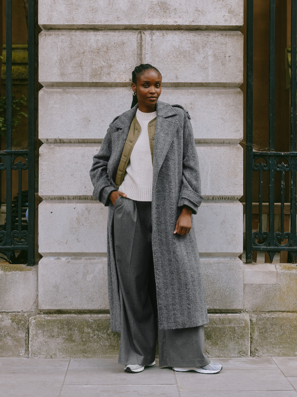Long Grey Textured Wool Coat with Puffer Vest Layering — Winter Coats for Women