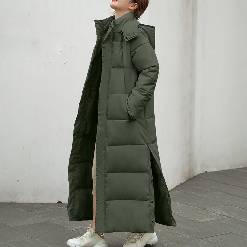 Floor-Length Olive Green Puffer with Side Slits for Dramatic Winter Style — Winter Jackets for Women