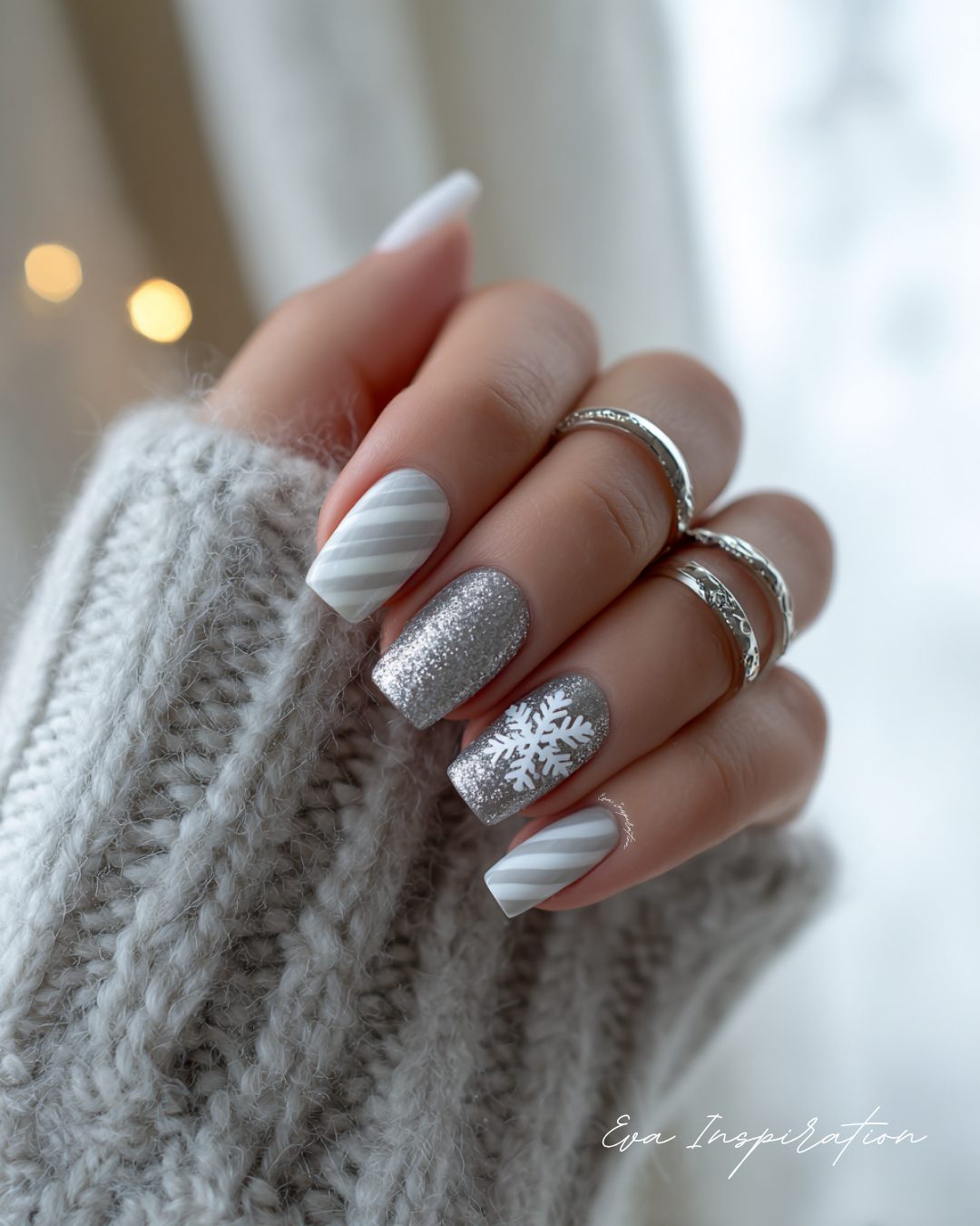 Glitter Snowflake Short Square with Stripes Glitter Snowflake Short Square with Stripes β New Years Square Nails 2027