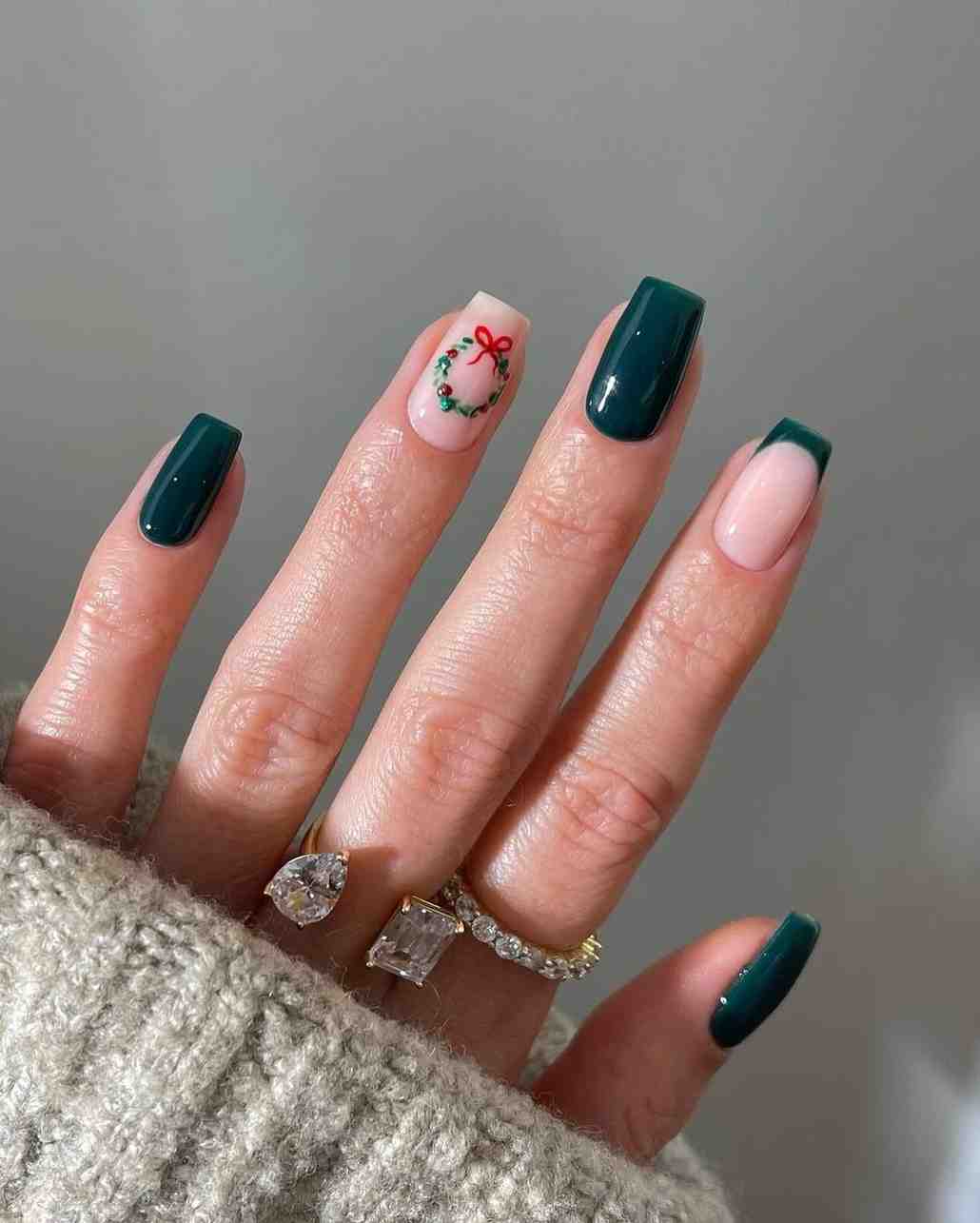 Medium Square Green French with Wreath Motif — Green Christmas Nails 2026