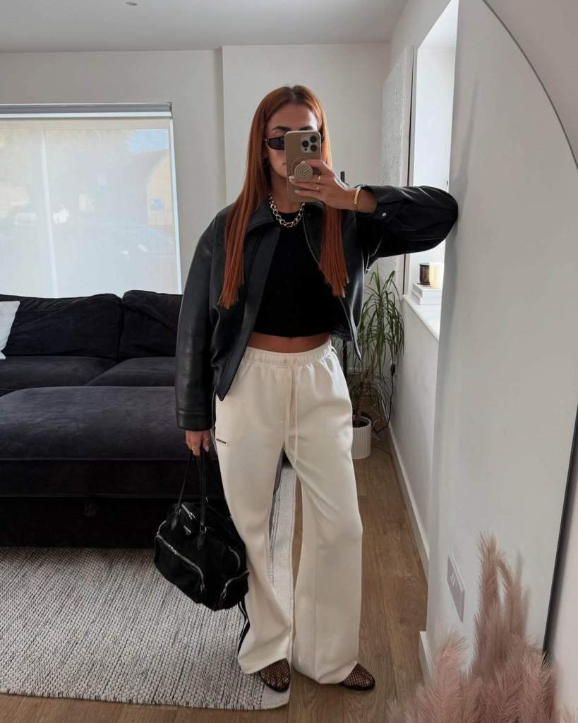 Edgy Cream Sweatpants with Leather Jacket and Mesh Flats Edgy Cream Sweatpants with Leather Jacket and Mesh Flats β Sweatpants Outfits