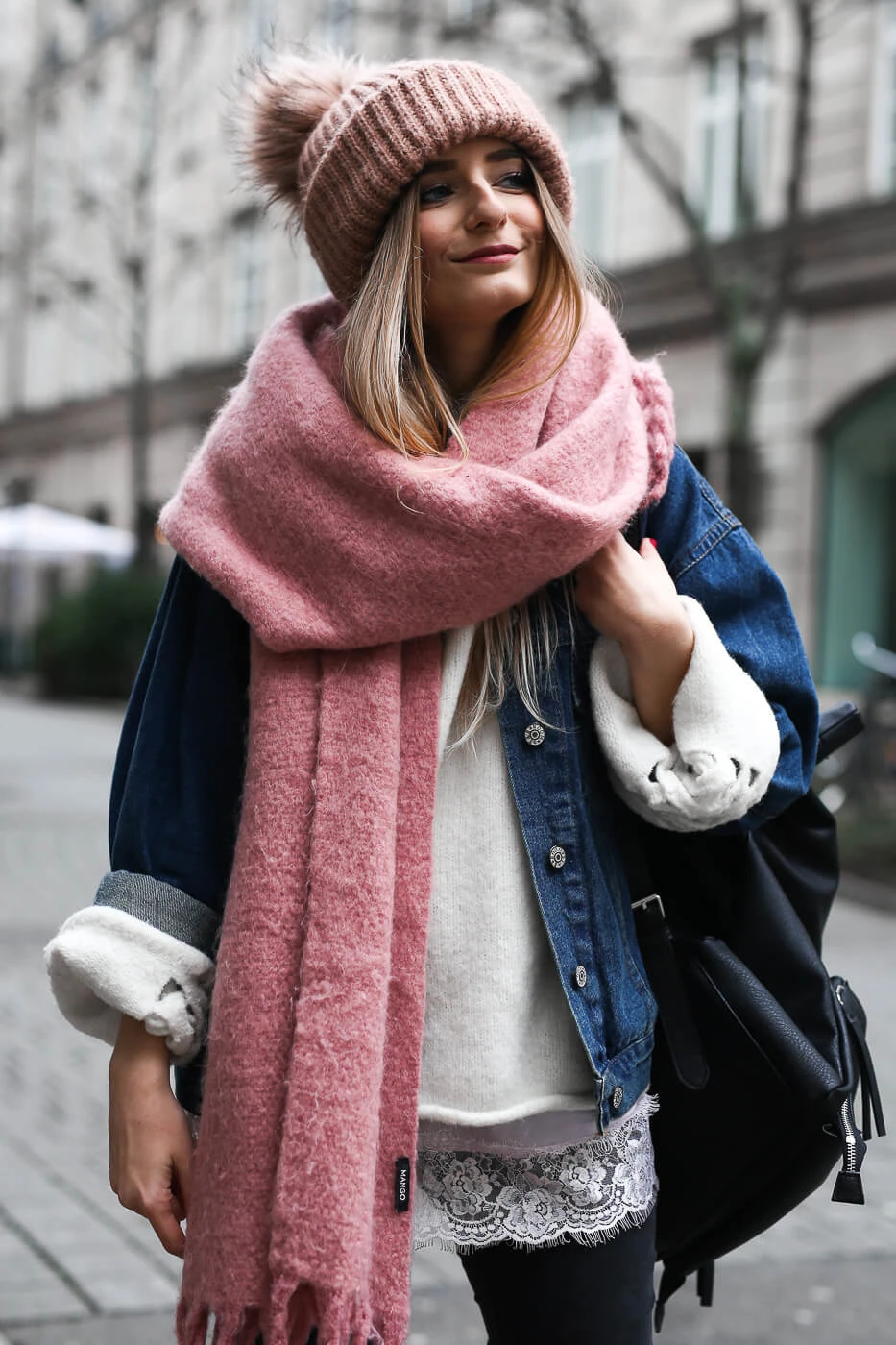 Denim Jacket Over Knit with Lace Details — Winter Layering Outfits