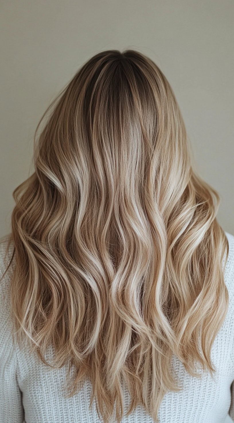 Wavy Medium Density Ash Blonde With Platinum Highlights Back View — Winter Highlights