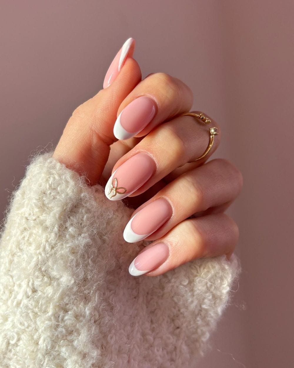 Gold Bow Charm French Tip Almonds Gold Bow Charm French Tip Almonds β Winter French Tip Nails