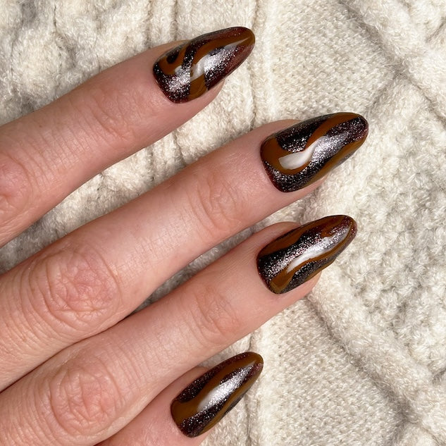 Brown Swirls with Silver Glitter Medium Almond Nails — Chocolate Brown Nails