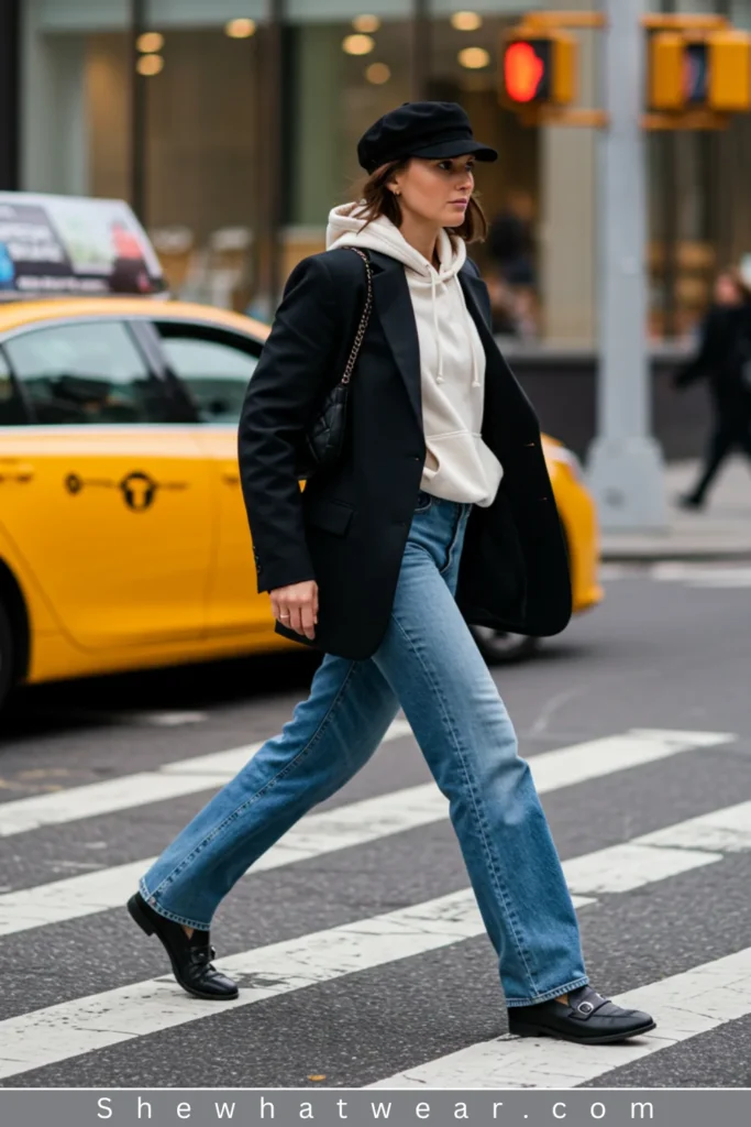 Cream Hoodie with Black Blazer and Loafers — Hoodie Outfits