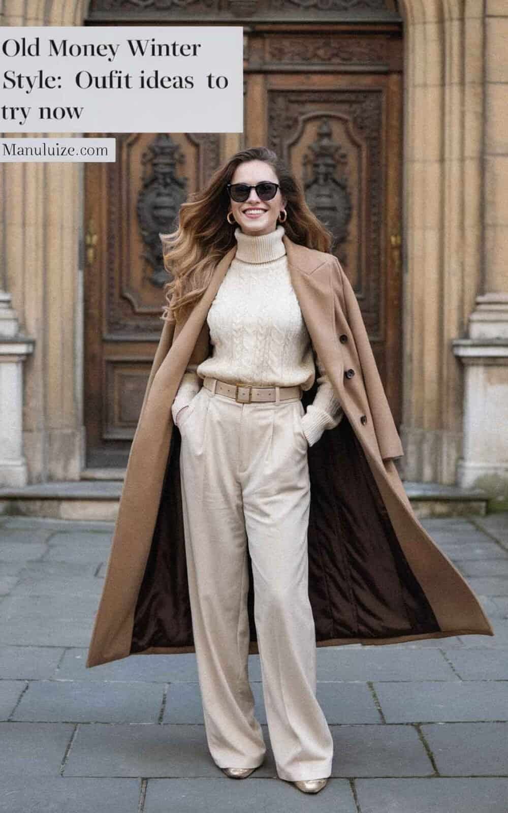 Elegant Cream Cable-Knit Turtleneck with Camel Coat and Wool Trousers — Old Money Winter Outfits