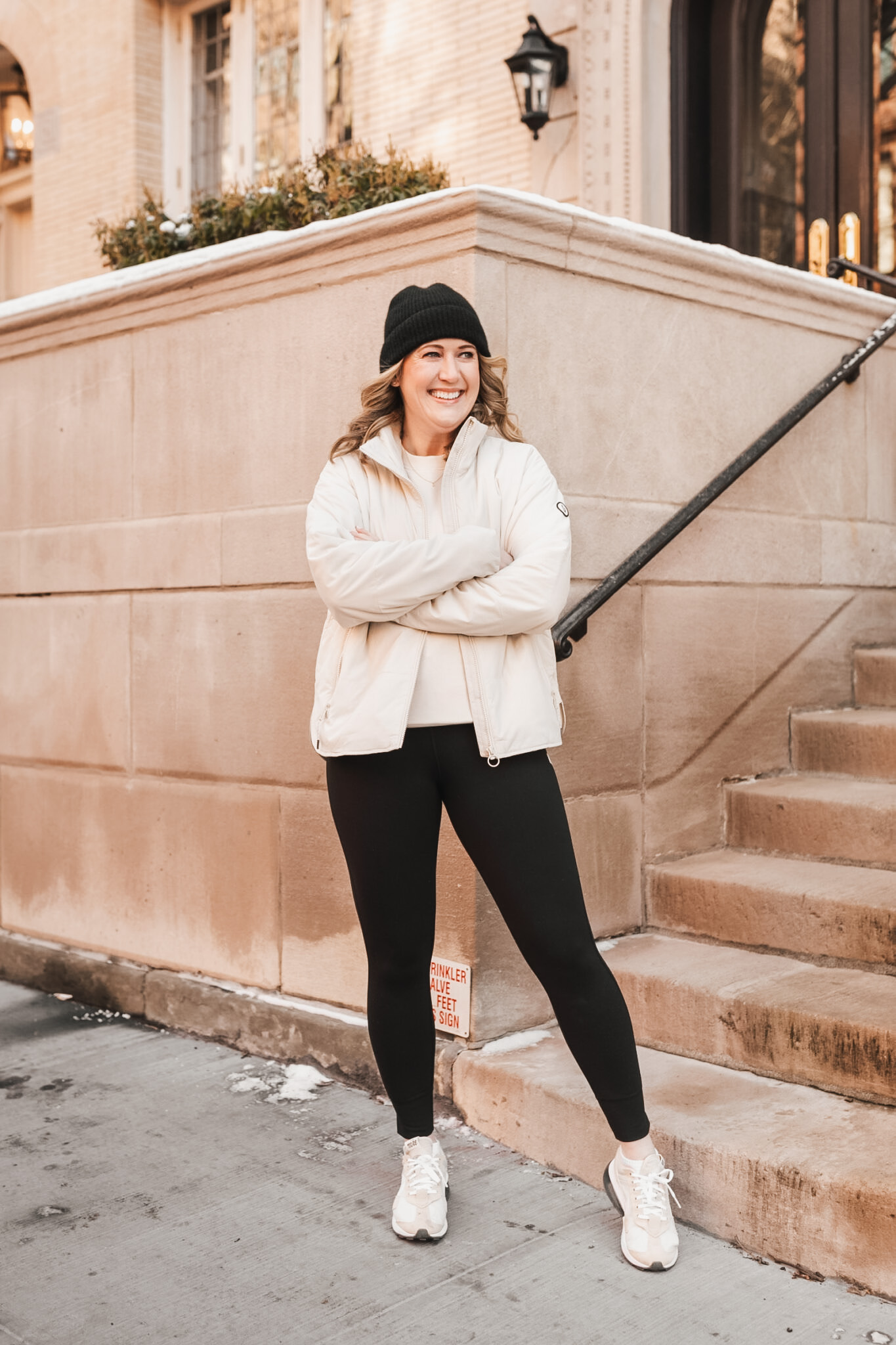 Cream Puffer Jacket with Black Leggings — Winter Going Out Outfits