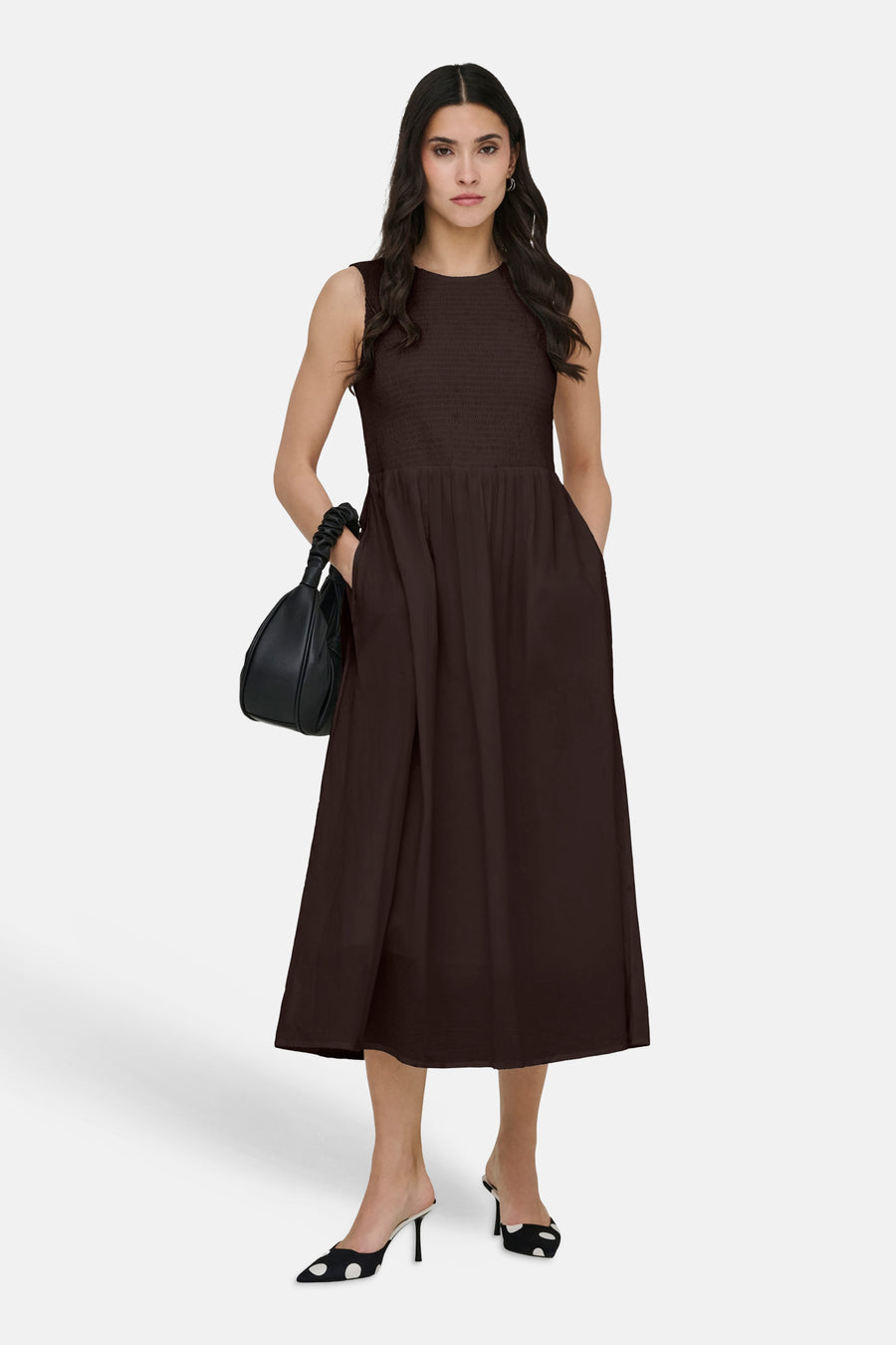 Dark Brown Smocked Midi Dress for Daytime Events Dark Brown Smocked Midi Dress for Daytime Events β Chocolate Brown Outfits