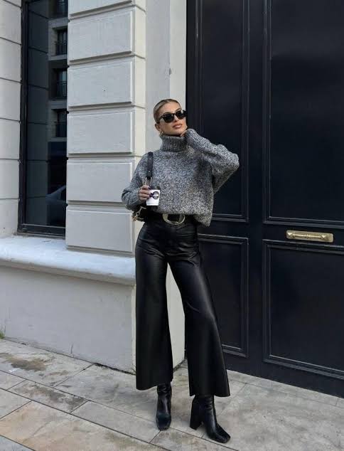 Grey Knit Sweater with Faux Leather Wide-Leg Trousers Grey Knit Sweater with Faux Leather Wide-Leg Trousers β Winter Date Night Outfits
