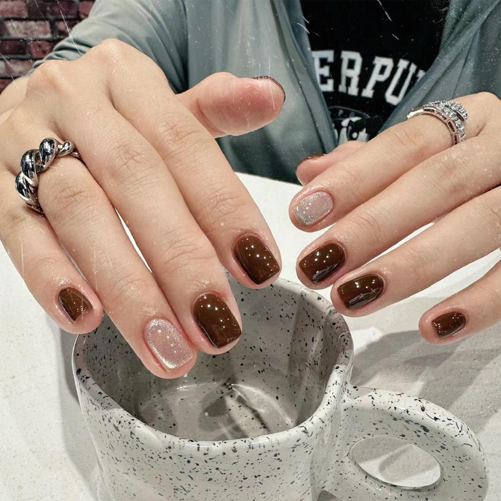 Dark Brown with Subtle Shimmer Accent — Short Winter Nails