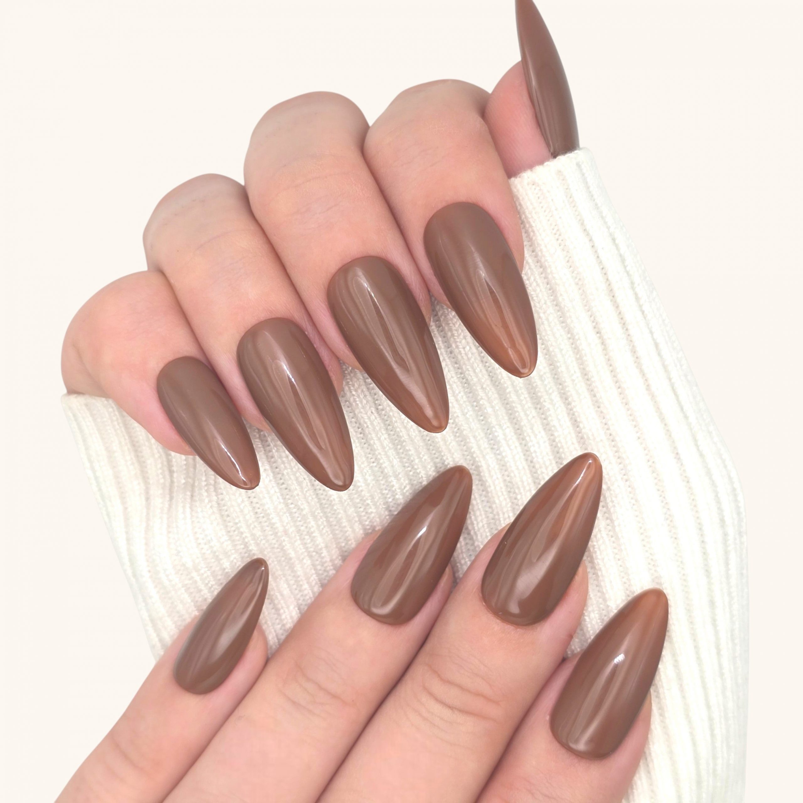 Glossy Medium Brown Long Stiletto Nails — Chocolate Brown Nails