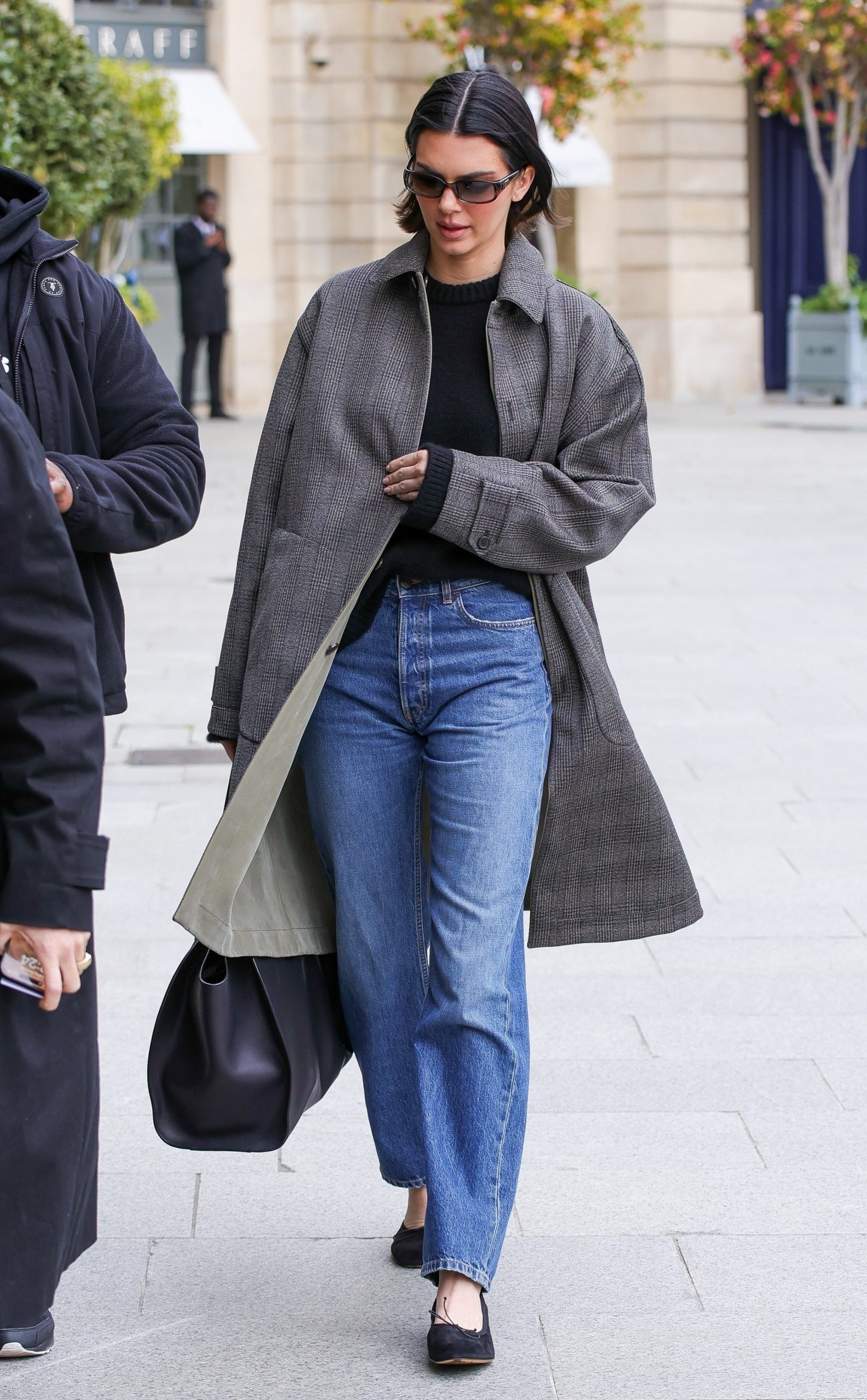 Grey Plaid Car Coat with Black Sweater and Jeans — Car Coat Outfits