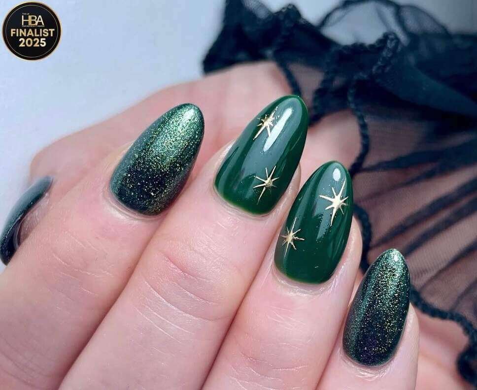Emerald Green Gold Star Almonds — Christmas Nail Designs 2026