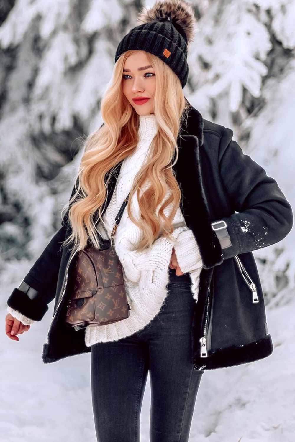 Black Shearling-Lined Jacket with Cable-Knit Sweater — Cute Winter Outfits