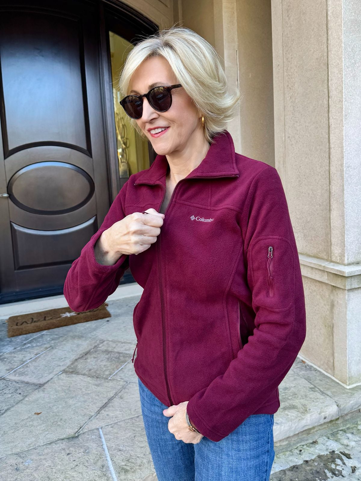 Burgundy Fleece Zip-Up with Blue Jeans — Fleece Jacket Outfits
