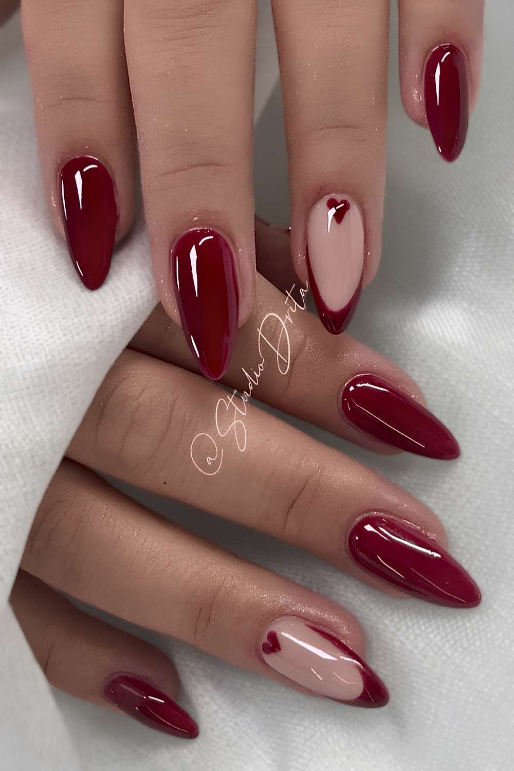 Medium Almond Cherry Print Nails — Cherry Red Nails