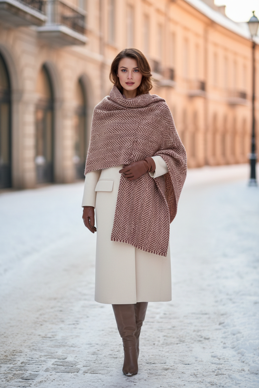 Elegant Cream Wool Coat with Knit Shawl Elegant Cream Wool Coat with Knit Shawl β Classy Winter Outfits